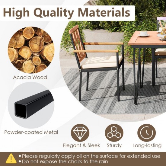 Owlyin Pair of Patio Dining Armchairs, Acacia Backrests and Arms with Removable Tie-On Seat Cushions