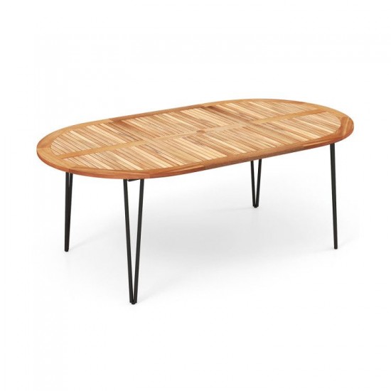 Honhorrs 79-Inch Oval Acacia Patio Table for Eight, Umbrella Hole and Slatted Top with Leveling Feet