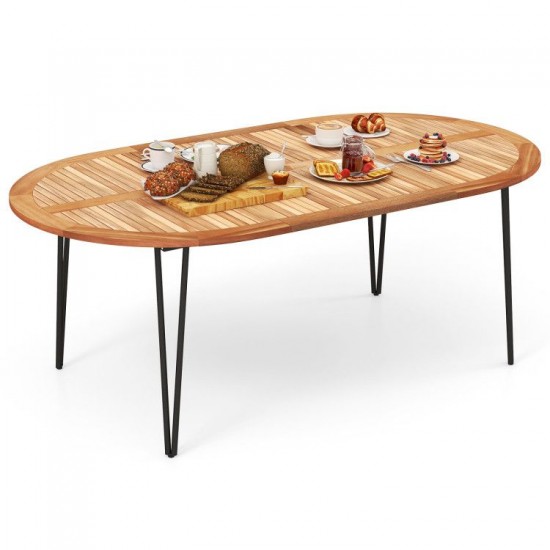 Honhorrs 79-Inch Oval Acacia Patio Table for Eight, Umbrella Hole and Slatted Top with Leveling Feet
