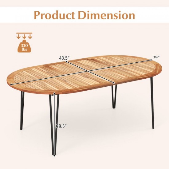 Honhorrs 79-Inch Oval Acacia Patio Table for Eight, Umbrella Hole and Slatted Top with Leveling Feet
