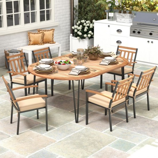 Honhorrs 79-Inch Oval Acacia Patio Table for Eight, Umbrella Hole and Slatted Top with Leveling Feet