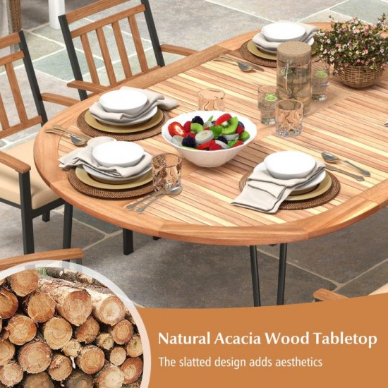 Honhorrs 79-Inch Oval Acacia Patio Table for Eight, Umbrella Hole and Slatted Top with Leveling Feet