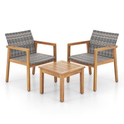 Owlyin Acacia and PE Wicker Bistro Trio, Two Patio Armchairs with Slatted Table and Adjustable Feet