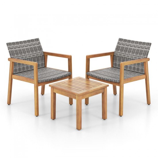 Owlyin Acacia and PE Wicker Bistro Trio, Two Patio Armchairs with Slatted Table and Adjustable Feet