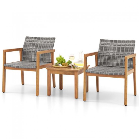 Owlyin Acacia and PE Wicker Bistro Trio, Two Patio Armchairs with Slatted Table and Adjustable Feet