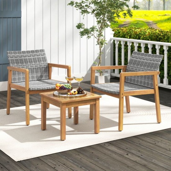 Owlyin Acacia and PE Wicker Bistro Trio, Two Patio Armchairs with Slatted Table and Adjustable Feet