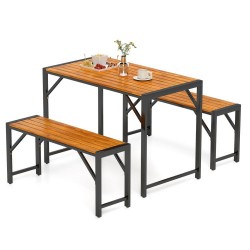 Owlyin Acacia Patio Dining Table and Two Benches, Four-Person Tuck-Under Seating Set on Metal Frames