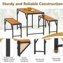 Owlyin Acacia Patio Dining Table and Two Benches, Four-Person Tuck-Under Seating Set on Metal Frames