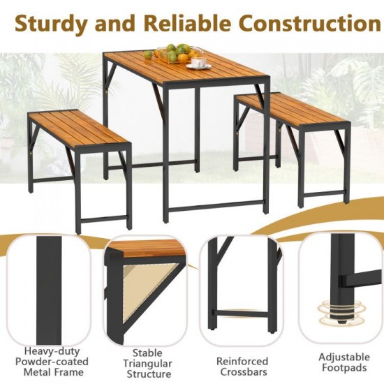Owlyin Acacia Patio Dining Table and Two Benches, Four-Person Tuck-Under Seating Set on Metal Frames