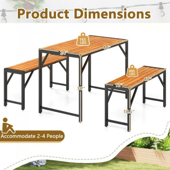 Owlyin Acacia Patio Dining Table and Two Benches, Four-Person Tuck-Under Seating Set on Metal Frames