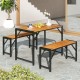 Owlyin Acacia Patio Dining Table and Two Benches, Four-Person Tuck-Under Seating Set on Metal Frames