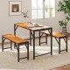 Owlyin Acacia Patio Dining Table and Two Benches, Four-Person Tuck-Under Seating Set on Metal Frames