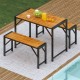 Owlyin Acacia Patio Dining Table and Two Benches, Four-Person Tuck-Under Seating Set on Metal Frames