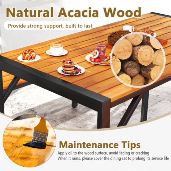 Owlyin Acacia Patio Dining Table and Two Benches, Four-Person Tuck-Under Seating Set on Metal Frames