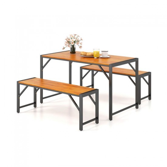 Owlyin Acacia Patio Dining Trio, Rectangular Table and Two Tuck-Under Benches with Metal Frames