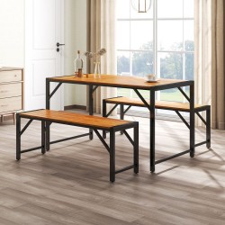 Owlyin Acacia Patio Dining Trio, Rectangular Table and Two Tuck-Under Benches with Metal Frames