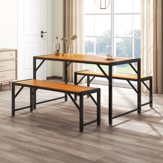 Owlyin Acacia Patio Dining Trio, Rectangular Table and Two Tuck-Under Benches with Metal Frames