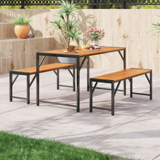 Owlyin Acacia Patio Dining Trio, Rectangular Table and Two Tuck-Under Benches with Metal Frames