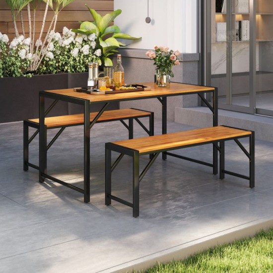 Owlyin Acacia Patio Dining Trio, Rectangular Table and Two Tuck-Under Benches with Metal Frames