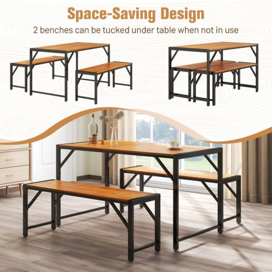 Owlyin Acacia Patio Dining Trio, Rectangular Table and Two Tuck-Under Benches with Metal Frames
