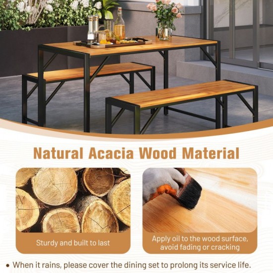 Owlyin Acacia Patio Dining Trio, Rectangular Table and Two Tuck-Under Benches with Metal Frames