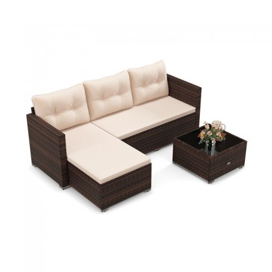 Honhorrs Wicker Patio Sectional and Ottoman for Four, Cushions and Glass Table with Leveling Feet