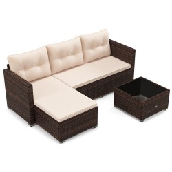 XVX Wicker Patio Sectional and Ottoman for Four, Cushions and Glass Table with Leveling Feet