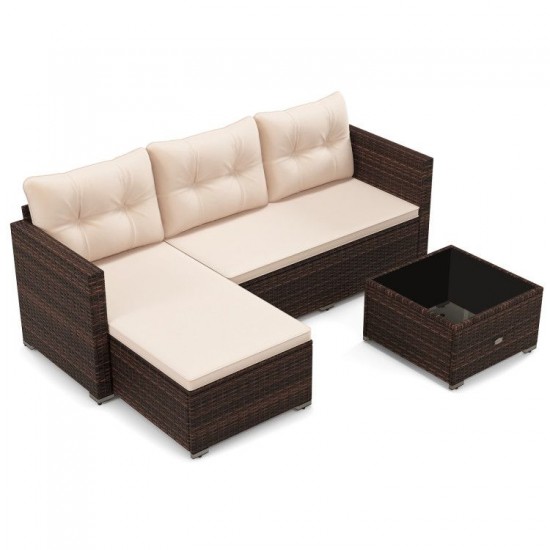 Honhorrs Wicker Patio Sectional and Ottoman for Four, Cushions and Glass Table with Leveling Feet