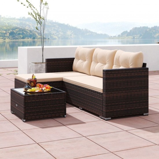Honhorrs Wicker Patio Sectional and Ottoman for Four, Cushions and Glass Table with Leveling Feet