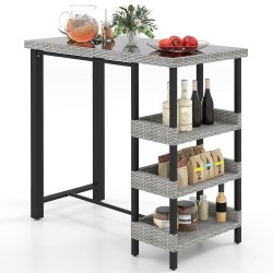 Owlyin 43.5-Inch Patio Bar Table, Rattan and Tempered Glass with Three Storage Shelves Below the Top