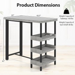 Owlyin 43.5-Inch Patio Bar Table, Rattan and Tempered Glass with Three Storage Shelves Below the Top