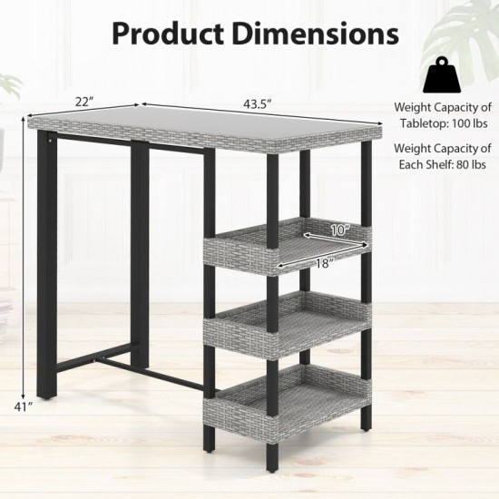 Owlyin 43.5-Inch Patio Bar Table, Rattan and Tempered Glass with Three Storage Shelves Below the Top