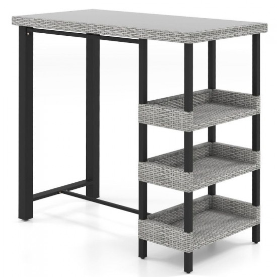 Owlyin 43.5-Inch Patio Bar Table, Rattan and Tempered Glass with Three Storage Shelves Below the Top
