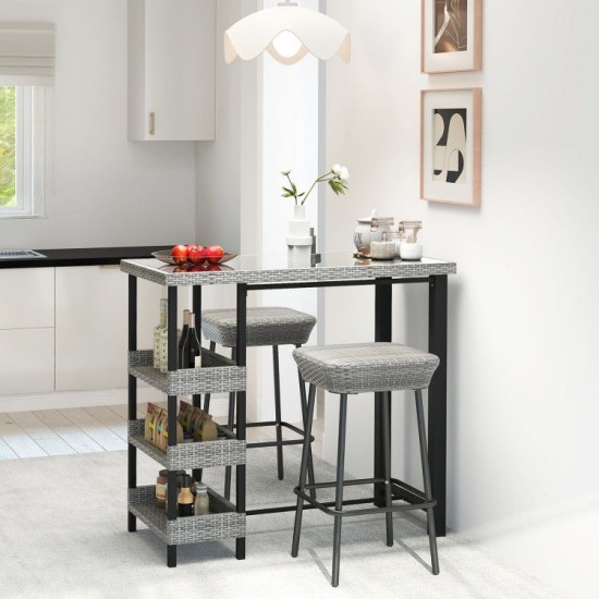 Owlyin 43.5-Inch Patio Bar Table, Rattan and Tempered Glass with Three Storage Shelves Below the Top