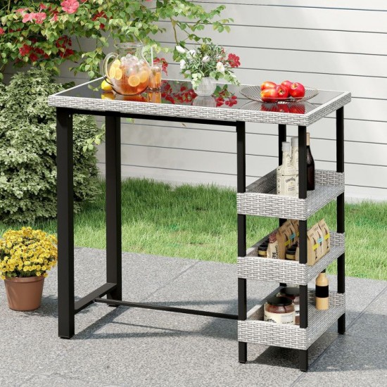 Owlyin 43.5-Inch Patio Bar Table, Rattan and Tempered Glass with Three Storage Shelves Below the Top