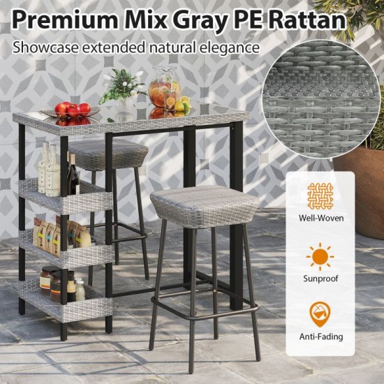 Owlyin 43.5-Inch Patio Bar Table, Rattan and Tempered Glass with Three Storage Shelves Below the Top