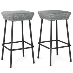 XVX Two 29.5-Inch Patio Bar Stools, Rattan Seats with Metal Footrests and Adjustable Foot Pads