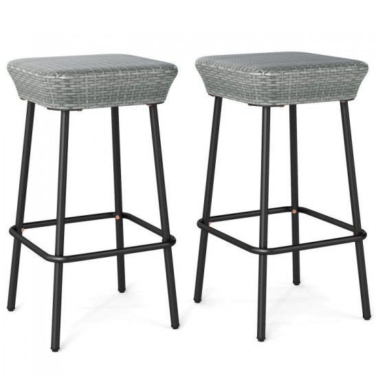 Honhorrs Two 29.5-Inch Patio Bar Stools, Rattan Seats with Metal Footrests and Adjustable Foot Pads