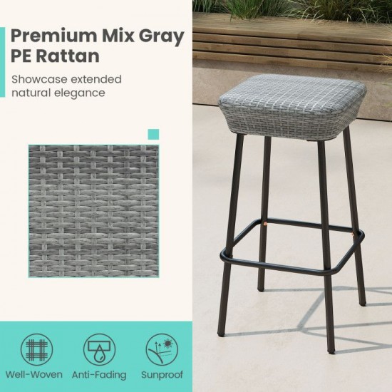 Honhorrs Two 29.5-Inch Patio Bar Stools, Rattan Seats with Metal Footrests and Adjustable Foot Pads