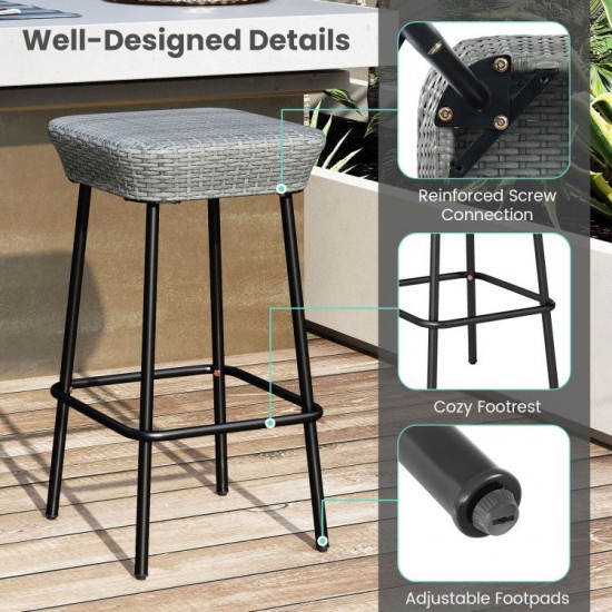Honhorrs Two 29.5-Inch Patio Bar Stools, Rattan Seats with Metal Footrests and Adjustable Foot Pads