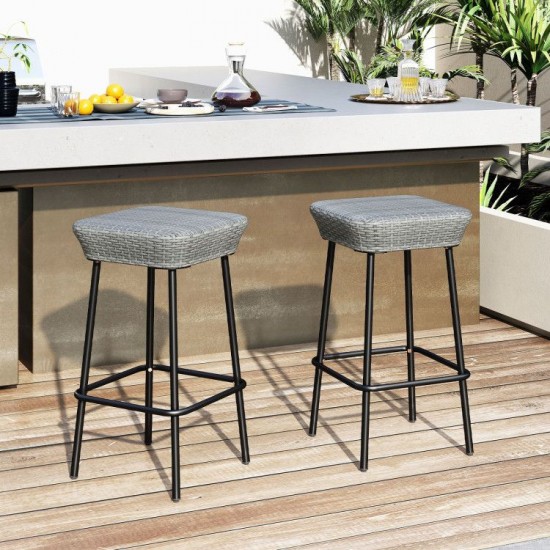 Honhorrs Two 29.5-Inch Patio Bar Stools, Rattan Seats with Metal Footrests and Adjustable Foot Pads