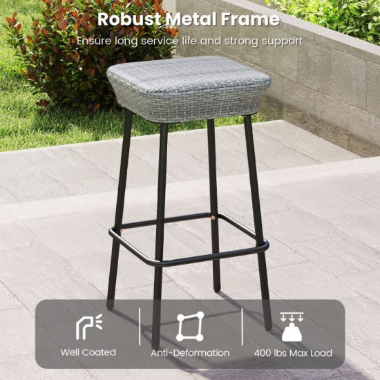 Honhorrs Two 29.5-Inch Patio Bar Stools, Rattan Seats with Metal Footrests and Adjustable Foot Pads