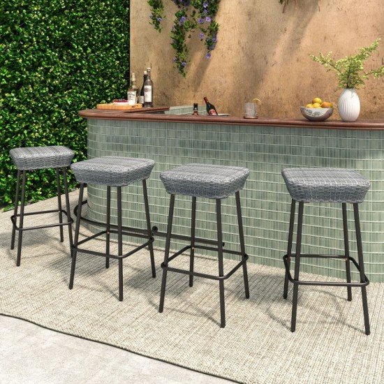 Honhorrs Two 29.5-Inch Patio Bar Stools, Rattan Seats with Metal Footrests and Adjustable Foot Pads