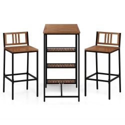 Owlyin Acacia Bar Table and Two Backed Stools, Three Shelves with Footrests and Adjustable Foot Pads