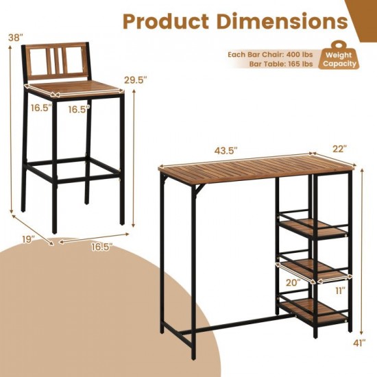 Owlyin Acacia Bar Table and Two Backed Stools, Three Shelves with Footrests and Adjustable Foot Pads