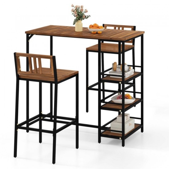 Owlyin Acacia Bar Table and Two Backed Stools, Three Shelves with Footrests and Adjustable Foot Pads