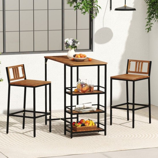 Owlyin Acacia Bar Table and Two Backed Stools, Three Shelves with Footrests and Adjustable Foot Pads