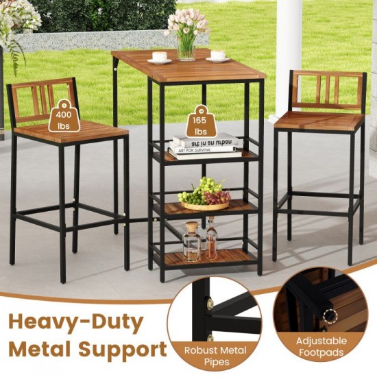 Owlyin Acacia Bar Table and Two Backed Stools, Three Shelves with Footrests and Adjustable Foot Pads