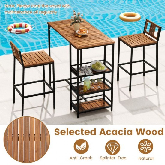 Owlyin Acacia Bar Table and Two Backed Stools, Three Shelves with Footrests and Adjustable Foot Pads