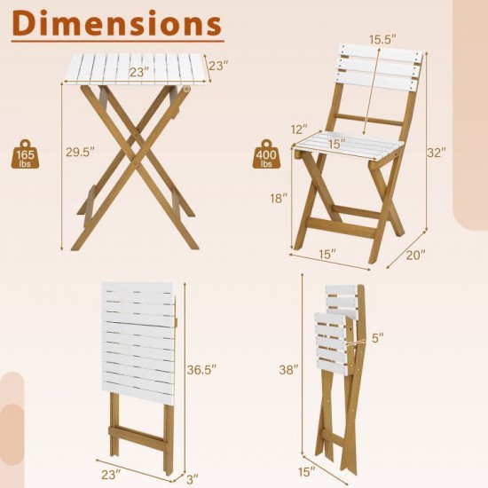 Owlyin Folding Acacia Bistro Set, Square Table and Two Curved-Back Chairs with Preassembled Frames